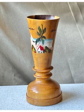 Signed Jamaican Wooden Vase W/ Hand-Painted Tropical Scene Signed 5.5" Handmade